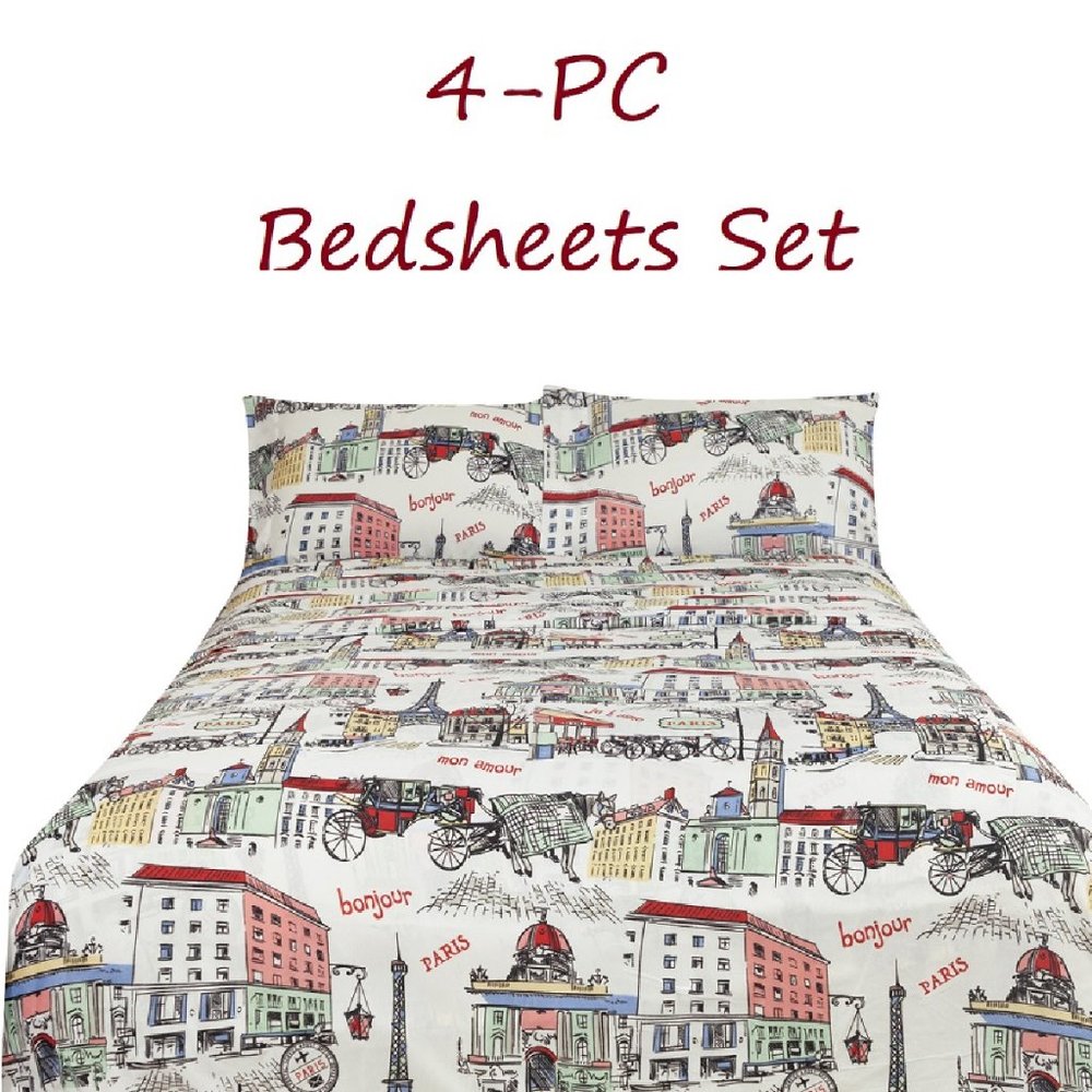 Paris Bed Sheets Set 4-pc Multicolor Paris Scenes Full Queen King